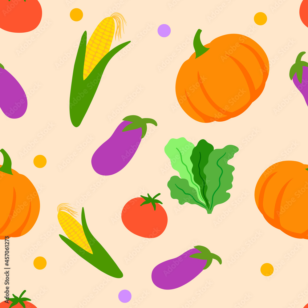 Fototapeta premium Seamless pattern with vegetables on beige background. Bright Pattern with pumpkin, corn, eggplant, tomato for kitchen textiles