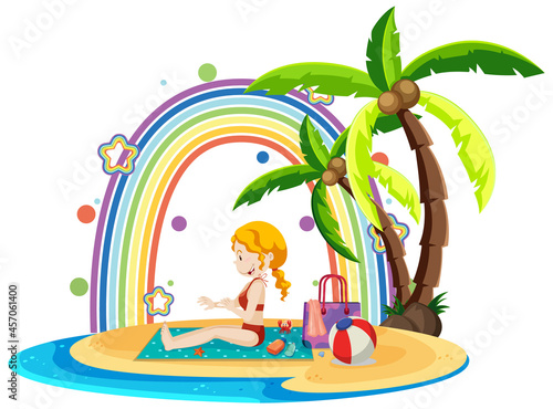 Rainbow on the island with a girl on the beach