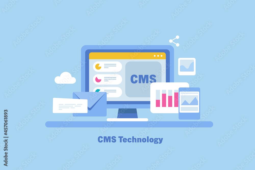 Content management and cms concept. Blogging and website data, content hosting and management, business marketing, web administrator panel. Communication and technology concept. Web banner template. Content management and cms concept. Blogging and website data, content hosting and management, business marketing, web administrator panel. Communication and technology concept. Web banner template.
