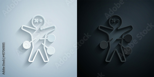 Paper cut Voodoo doll icon isolated on grey and black background. Happy Halloween party. Paper art style. Vector