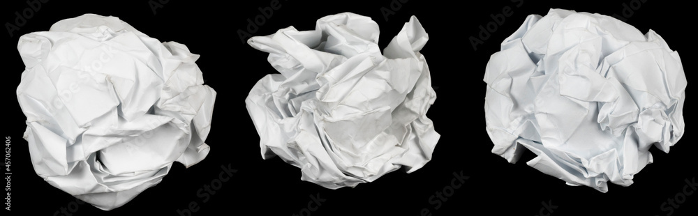 Collage crumpled white paper isolated black background. damaged office paper