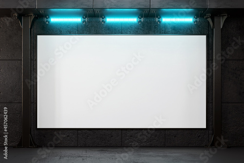 Advertising wall board with neon mockup. 3D rendering.