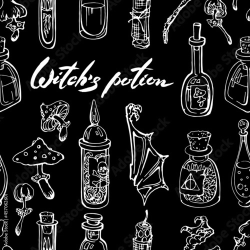 Vector seamless pattern. Linear white witch potion and hand drawn lettering on black. Fly agaric, bat, wing, glass bottle with poison. Dark chalk style  for textile, wrapping paper, halloween decor.