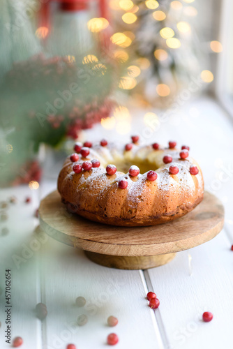 Traditional Christmas cranberry pie. Preparation of the festive table for the celebration of Christmas