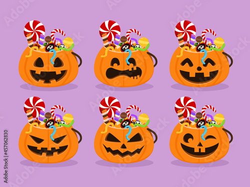 Set of  Illustration Creepy sweets and candies in 6 styles of pumpkin buckets on purple background. Halloween trick or treat party poster. Halloween pumpkin basket  of candies and sweets. Vector Flat 