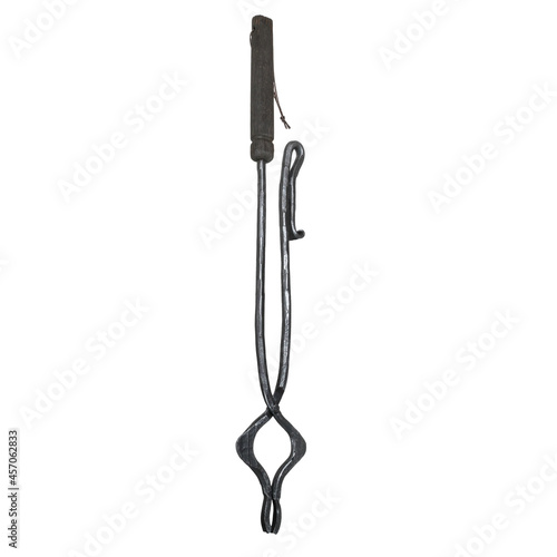 Fireplace tongs for coal . Traditional, vintage, forged isolated on white background