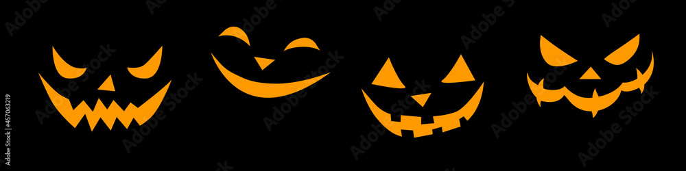 Vector set of smiling faces in flat style. Glowing and looking out of dark creepy snouts of creatures, isolated on black background. Halloween element for party, poster, holiday design. Danger animal Vector set of smiling faces in flat style. Glowing and looking out of dark creepy snouts of creatures, isolated on black background. Halloween element for party, poster, holiday design. Danger animal