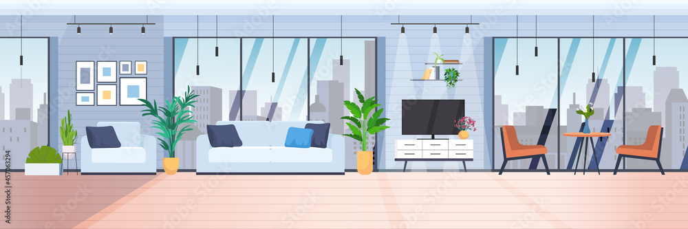 living room interior modern home apartment with panoramic windows horizontal - obrazy, fototapety, plakaty 