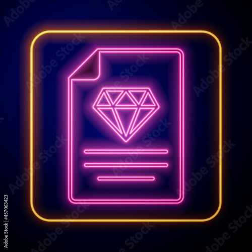 Glowing neon Certificate of the diamond icon isolated on black background. Vector