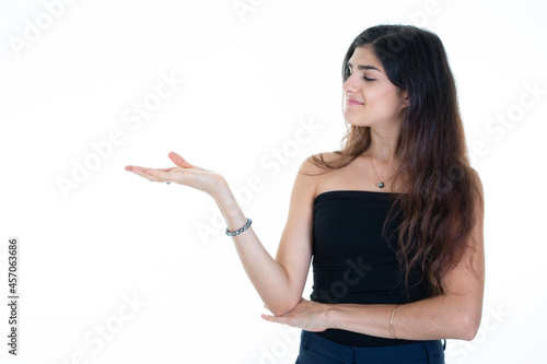 profile happy smiling woman showing blank copy space isolated in copyspace white background