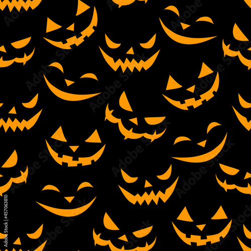 Vector Seamless pattern of smiling faces in flat style. Glowing and looking out of dark creepy snouts of creatures, isolated on black background. Halloween texture
