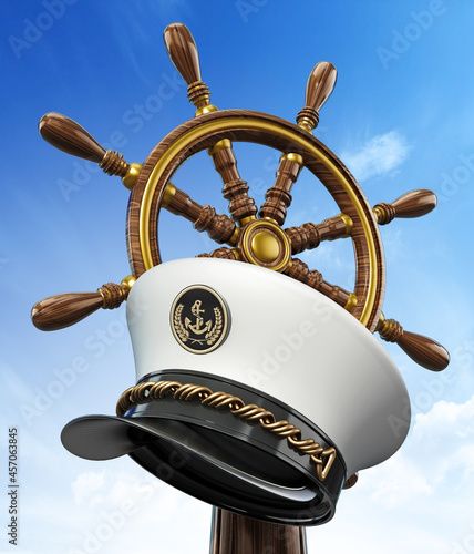 Ship wheel and captain hat against blue sky background. 3D illustration