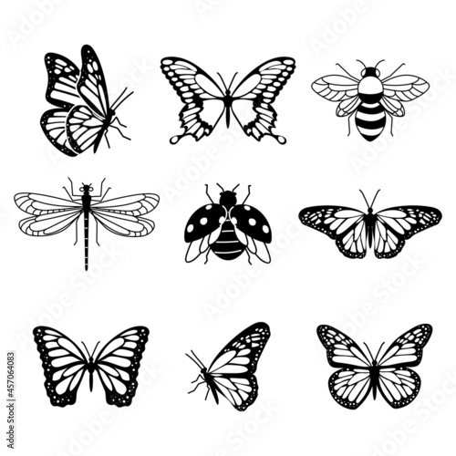Set of beautiful fly insect tattoos. Flat vector design