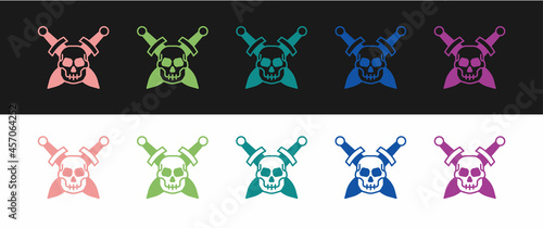 Set Crossed medieval sword with skull icon isolated on black and white background. Medieval weapon. Vector
