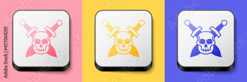 Isometric Crossed medieval sword with skull icon isolated on pink, yellow and blue background. Medieval weapon. Square button. Vector