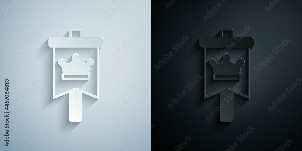 Paper cut Medieval flag icon isolated on grey and black background. Country, state, or territory ruled by a king or queen. Paper art style. Vector Paper cut Medieval flag icon isolated on grey and black background. Country, state, or territory ruled by a king or queen. Paper art style. Vector