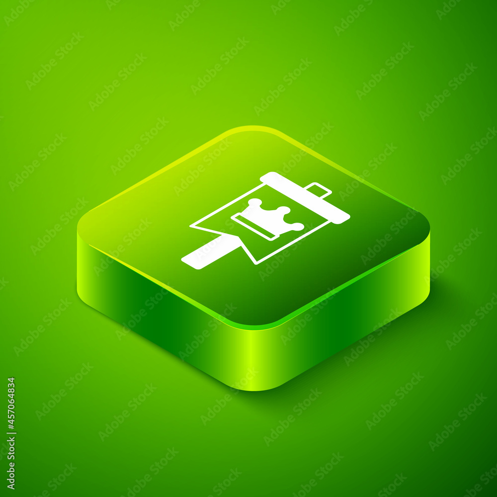 Isometric Medieval flag icon isolated on green background. Country, state, or territory ruled by a king or queen. Green square button. Vector Isometric Medieval flag icon isolated on green background. Country, state, or territory ruled by a king or queen. Green square button. Vector