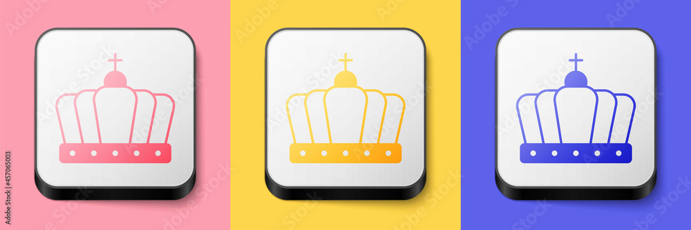 Isometric King crown icon isolated on pink, yellow and blue background. Square button. Vector Isometric King crown icon isolated on pink, yellow and blue background. Square button. Vector