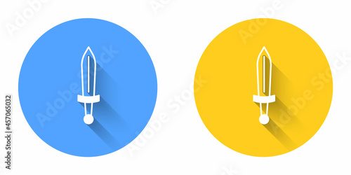 White Medieval sword icon isolated with long shadow background. Medieval weapon. Circle button. Vector