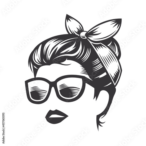 Woman face with messy hair bun and sunglass vector line art illustration.
