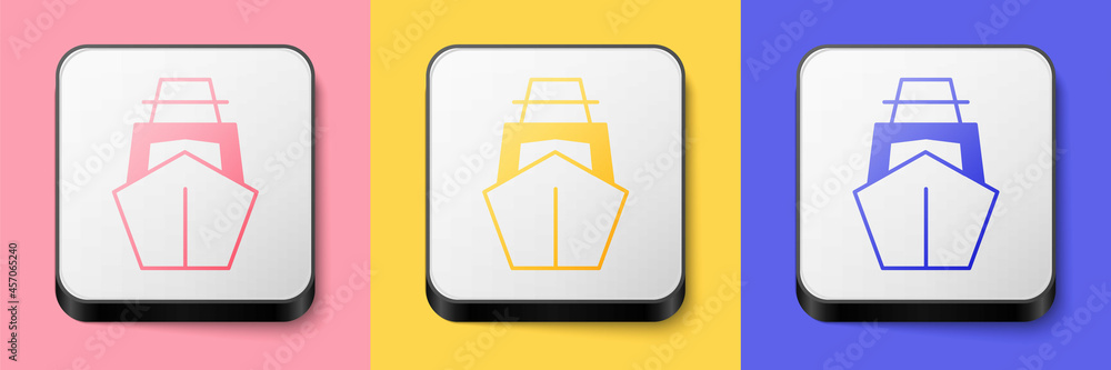 Isometric Yacht sailboat or sailing ship icon isolated on pink, yellow and blue background. Sail boat marine cruise travel. Square button. Vector