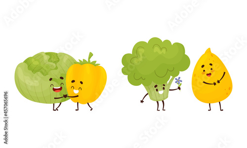 Cute Fruit and Vegetable Couples Dancing and Giving Flower Vector Set