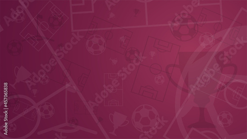 Dark scarlet background with of football elements. Soccer ball, cup, goal, corner flag on back background. Poster for championship. Template 2022. Vector