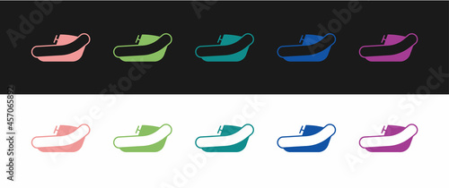 Set Inflatable boat with outboard motor icon isolated on black and white background. Vector