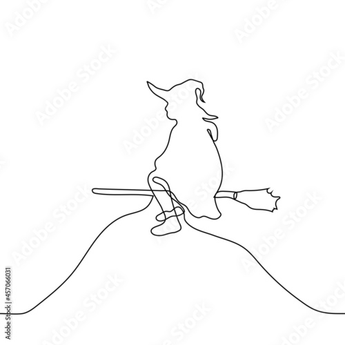 silhouette of a witch flying on a broomstick - one line drawing. woman in pointed hat sitting astride a broomstick