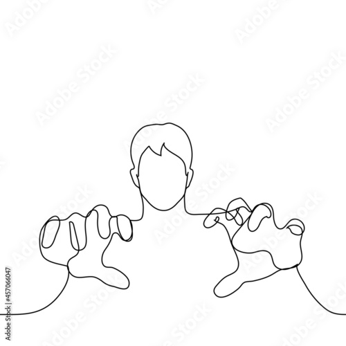 man stretched out his arms to grab the viewer - one line drawing. the concept of scarecrow, intimidation, violence, desire to touch someone, passionately desire something