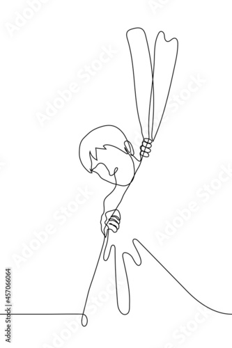 man grabbed the curtain from behind which stuck his head out and looks at the viewer - one line drawing. concept of getting backstage, peeping, watching, preparing a surprise, man is embarrassed