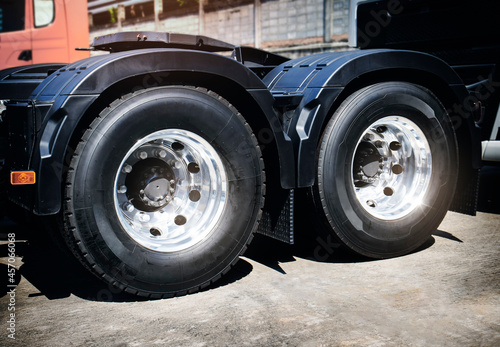 Rear of a Big Semi Truck Wheels and New Tires. Freight Truck Transportation. 