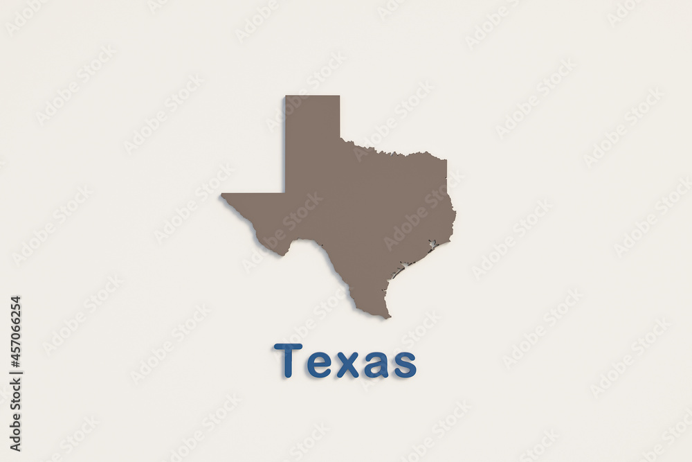Map of Texas in brown and the name of state Texas in blue.. 3D illustration.