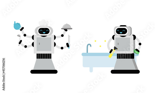 Housekeeping Robot Performing Domestic Chores Vector Set