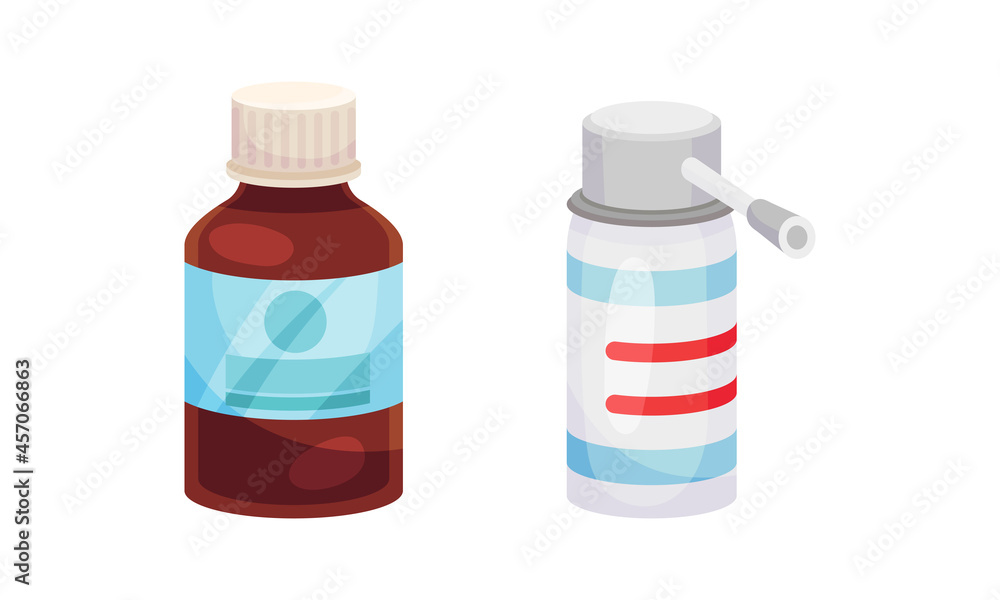 Vial with Tablet or Pill and Spray as Pharmaceutical Medication Vector Set Vial with Tablet or Pill and Spray as Pharmaceutical Medication Vector Set