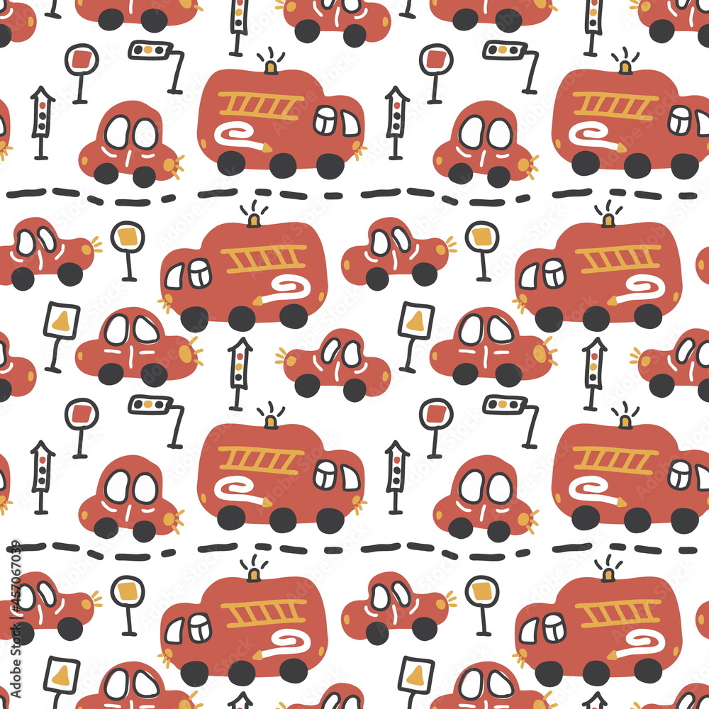 Free hand drawing seamless pattern of traffic cars and fire trucks. Perfect for scrapbooking, poster, textile and prints. Hand drawn illustration for decor and design. Free hand drawing seamless pattern of traffic cars and fire trucks. Perfect for scrapbooking, poster, textile and prints. Hand drawn illustration for decor and design.