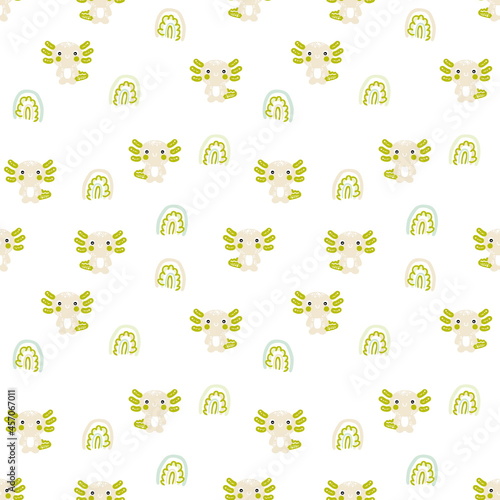 Cartoon style seamless pattern with axolotls ans rainbows. Perfect for T-shirt, textile and prints. Hand drawn illustration for decor and design.