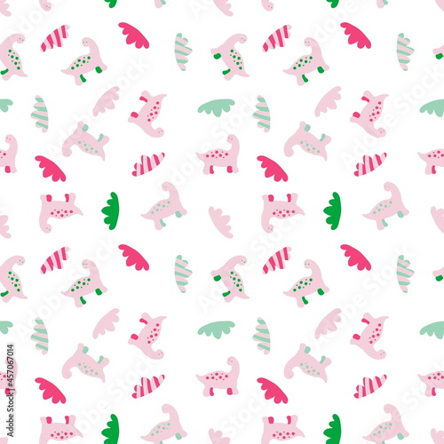 Hand drawn seamless pattern of spotted dinosaurs and striped clouds. Perfect for scrapbooking  greeting card  poster  textile and prints. Doodle style illustration for decor and design.