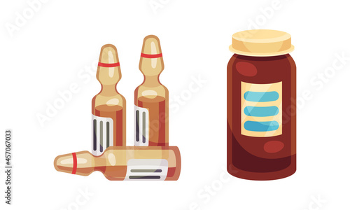 Glass Ampoule and Vial with Tablet or Pill as Pharmaceutical Medication Vector Set