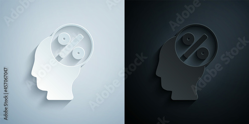 Paper cut Discount percent tag icon isolated on grey and black background. Shopping tag sign. Special offer sign. Discount coupons symbol. Paper art style. Vector