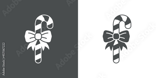 Logotipo candy cane de navidad. Icono plano silueta de bastón de caramelo con lazo de regalo en fondo gris y fondo blanco