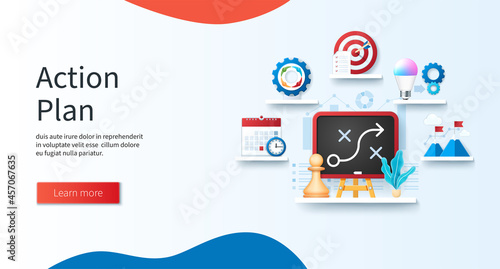 Action plan concept. Action Plan chart on small blackboard. Schedule, teamwork, target, implementation, milestone icons. Web vector illustrations in 3D style