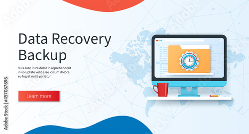 Data recovery backup banner. Computer with folder and data recovery sign on screen. Business concept. Web vector landing page template in 3D style