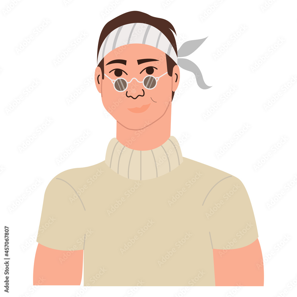 Portrait of happy smiling hipster guy in glasses and bandana on his head. Avatar of funny stylish male character. Flat vector illustration isolated on white background Portrait of happy smiling hipster guy in glasses and bandana on his head. Avatar of funny stylish male character. Flat vector illustration isolated on white background