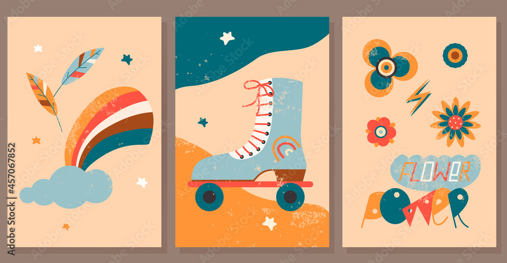 Set of vintage hippie posters. Retro seventies hipster style. Flat vector illustration for card, print, cover design etc
