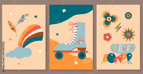 Set of vintage hippie posters. Retro seventies hipster style. Flat vector illustration for card, print, cover design etc