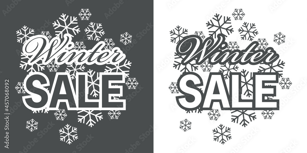 Regalos de Navidad. Logotipo con texto Winter Sale con siluetas de copos de nieve en fondo gris y fondo blanco Regalos de Navidad. Logotipo con texto Winter Sale con siluetas de copos de nieve en fondo gris y fondo blanco