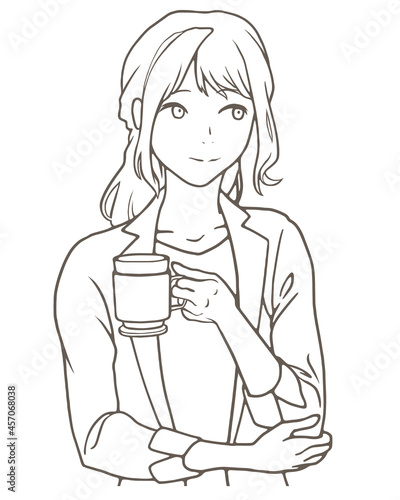 オフィスでコーヒー休憩をするビジネスマン、女性、バストアップ、モノクロ