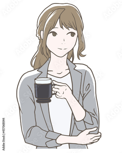 オフィスでコーヒー休憩をするビジネスマン、女性、バストアップ、カラー