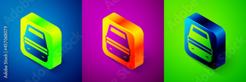 Isometric Lunch box icon isolated on blue, purple and green background. Square button. Vector